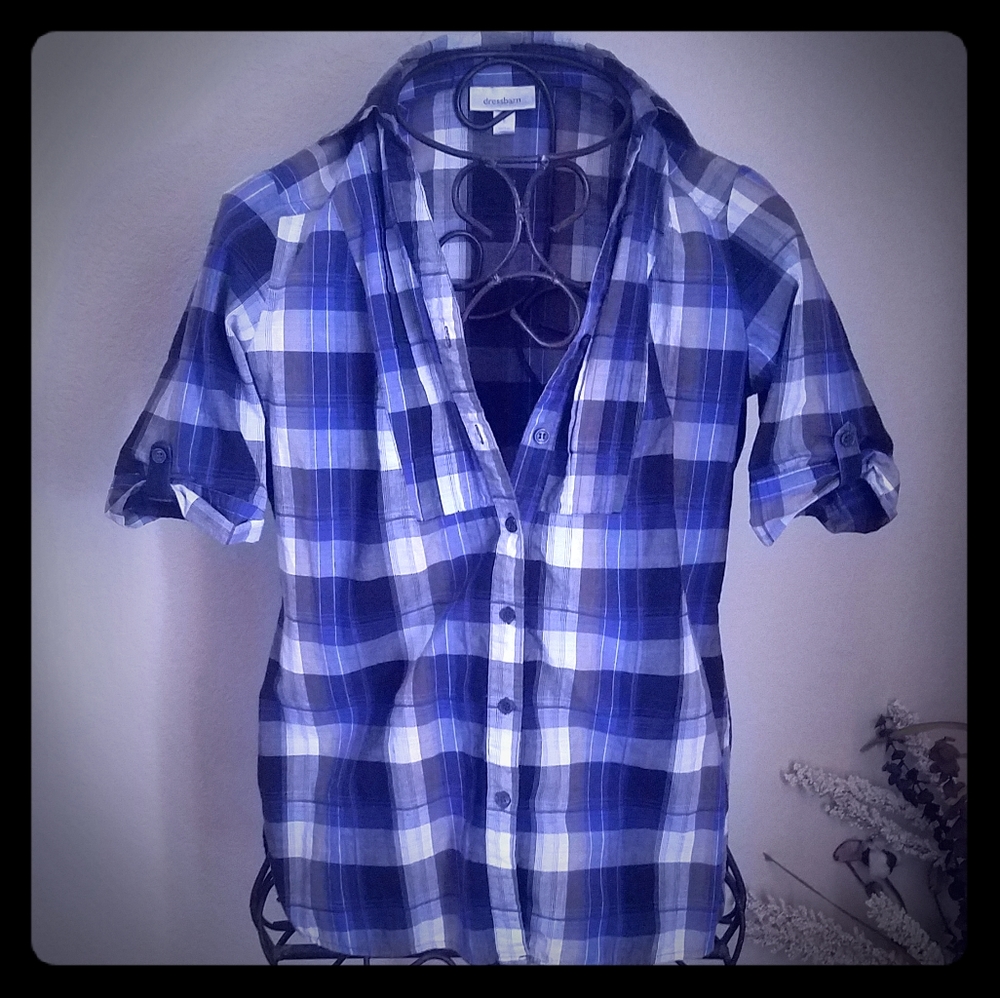 Dress Barn blue, black and white button up!